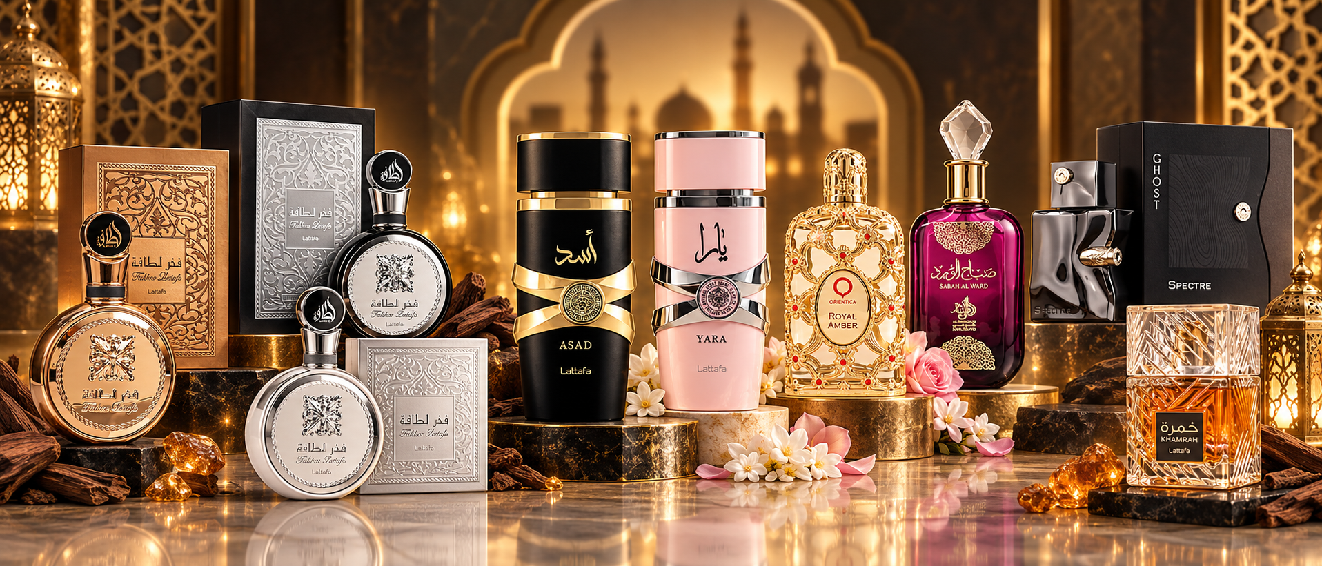 Frascos árabes de perfume em ouro e âmbar sobre fundo preto, com madeira de oud e açafrão
