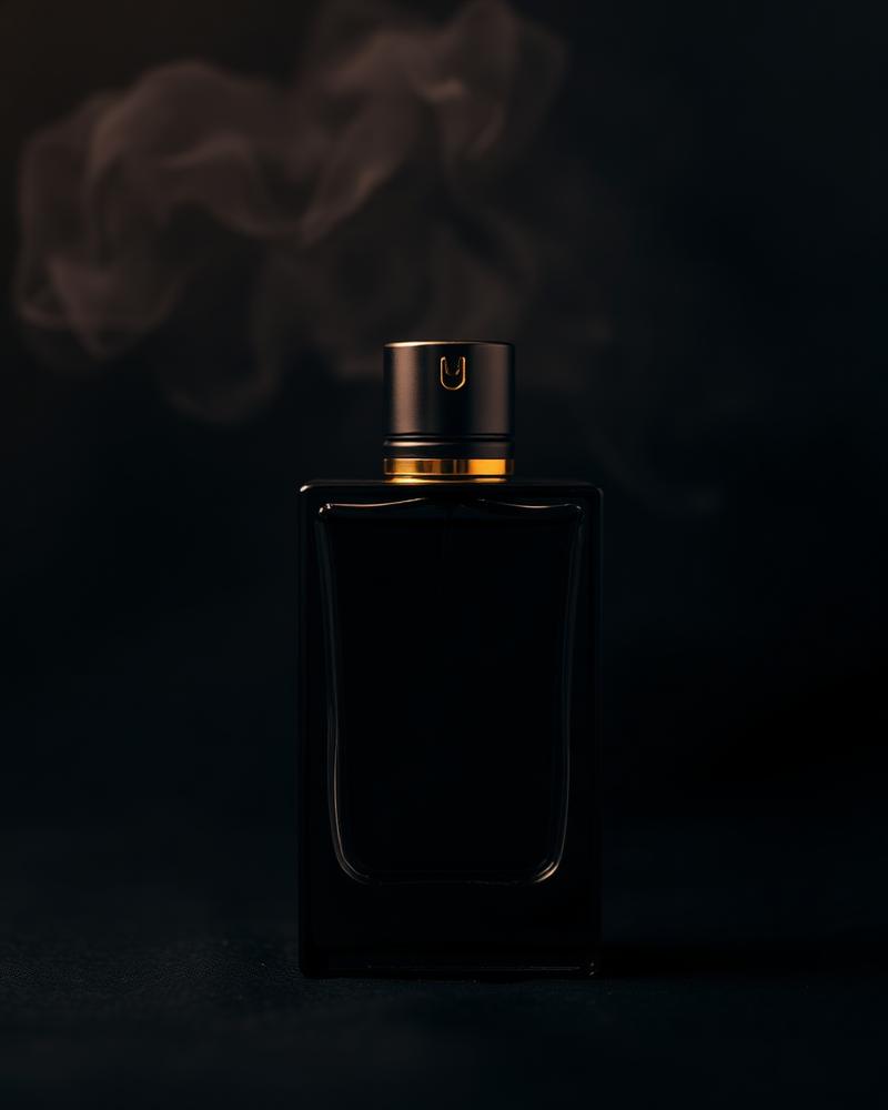 Frasco de perfume masculino escuro com detalhes dourados