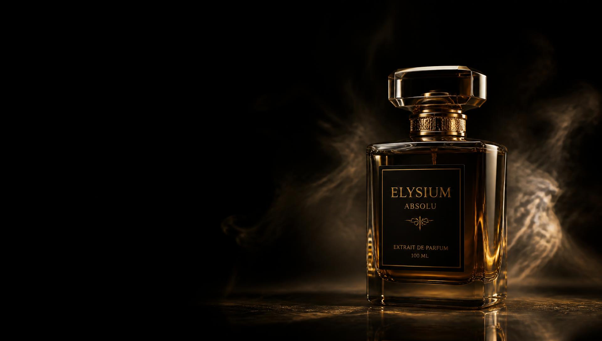 Frasco de perfume de luxo iluminado por luz dourada sobre fundo escuro